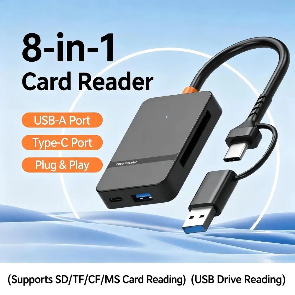 8-in-1 Card Reader USB3.0 Hub CF/SD/MS/TF Memory Card Reader for PC iPhone15 16 Trail Camera Converter External USB Flash Drive