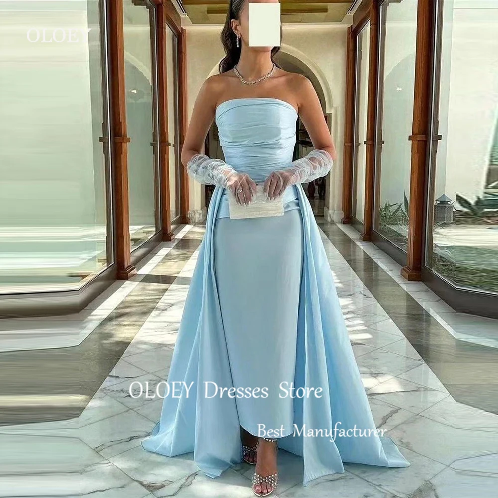 

OLOEY Simple Light Blue Saudi Arabic Women Evening Dresses Strapless Attachale Train Formal Party Prom Gowns Vestidos de fiesta