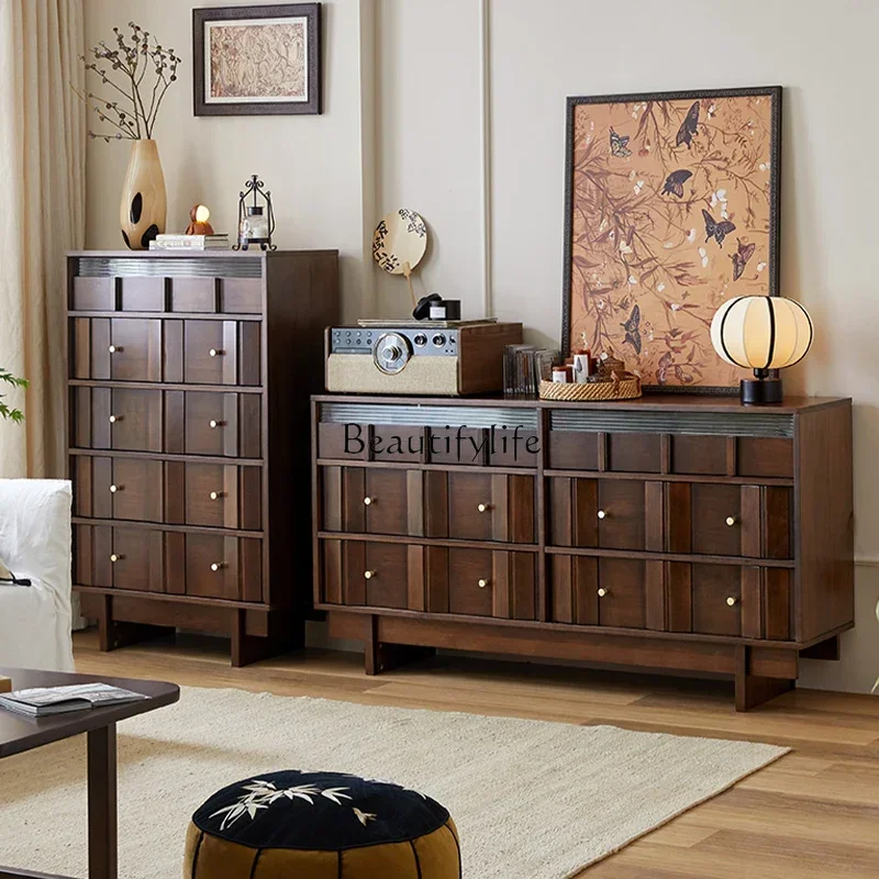 

02ls 18 -*Nordic solid wood six-chest cabinet walnut Japanese-style living room master bedroom bed head and tail storage