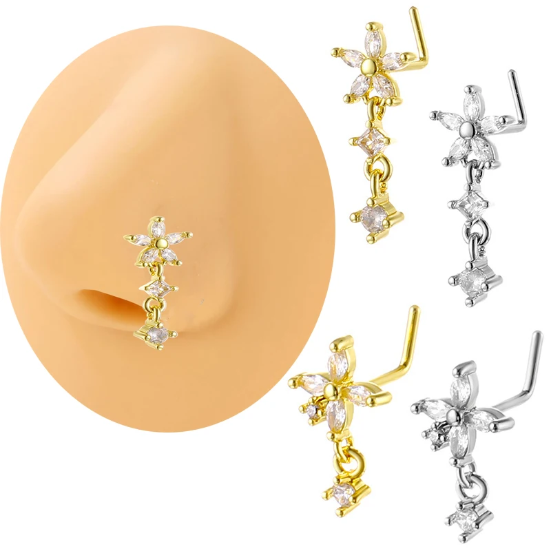 Surgical Steel L Bend Long Dangle Nose Ring CZ Butterfly Flower Nose Stud for Women 20G Nose Piercing Jewelry Fashion Trendy