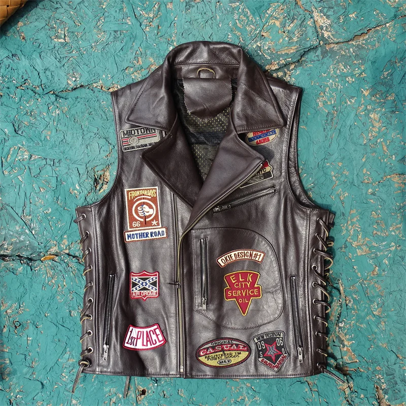 

Классический мотоциклетный жилет с вышивкой, мужской байкерский жилет из натуральной яловой кожи с регулируемым ремешком для молодежи