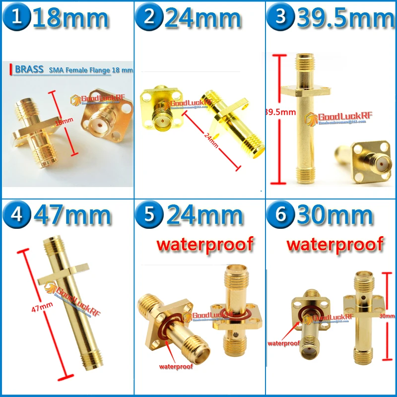 

Dual SMA Female to SMA Female Plug 4 hole Flange Panel Mount 18 24 30 39.5 47 mm waterproof Gold Brass RF Coaxial Adapters