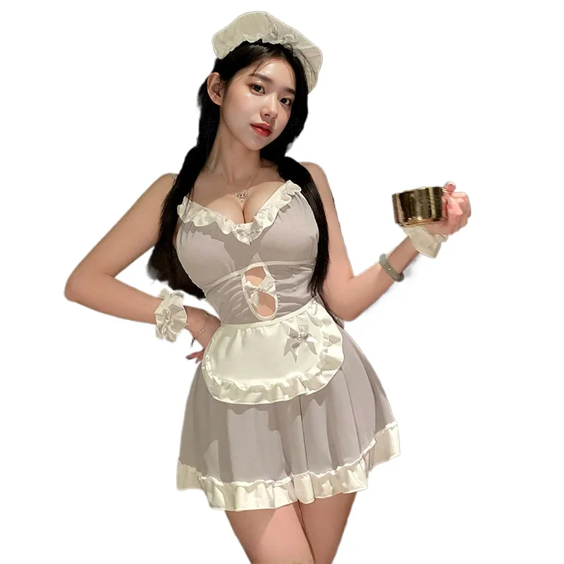 

Sexy Maids Roleplay Costumes Cute Bowknot Backless Sling Dress Lolita Servant Outfit Sweet Women Cosplay Adult Home Pajamas New