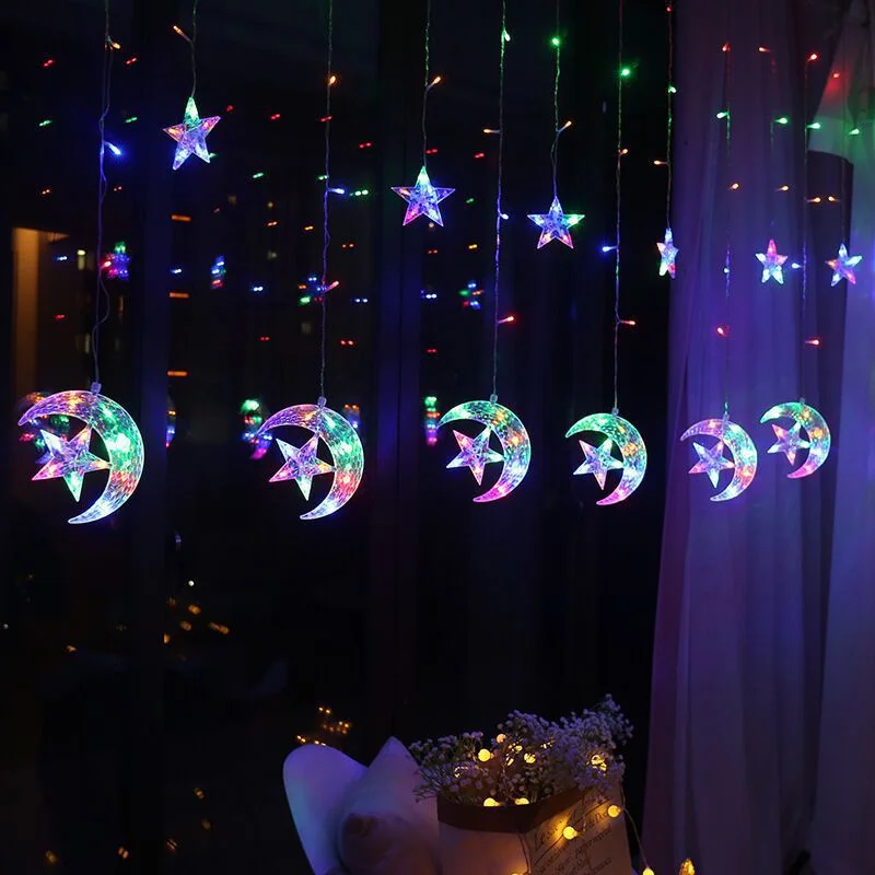 220V EU Plug LED Moon Star Curtain String Lights 8 Modes Christmas Garland Fairy Lights for Holiday Party Wedding Ramadan Decor