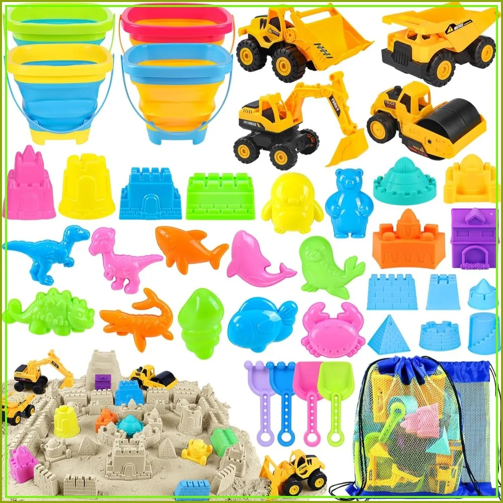 

4 Construction Vehicles & Sand Castle Molds with Mesh Bags, Beach Sand Toys for Outdoor Summer Games