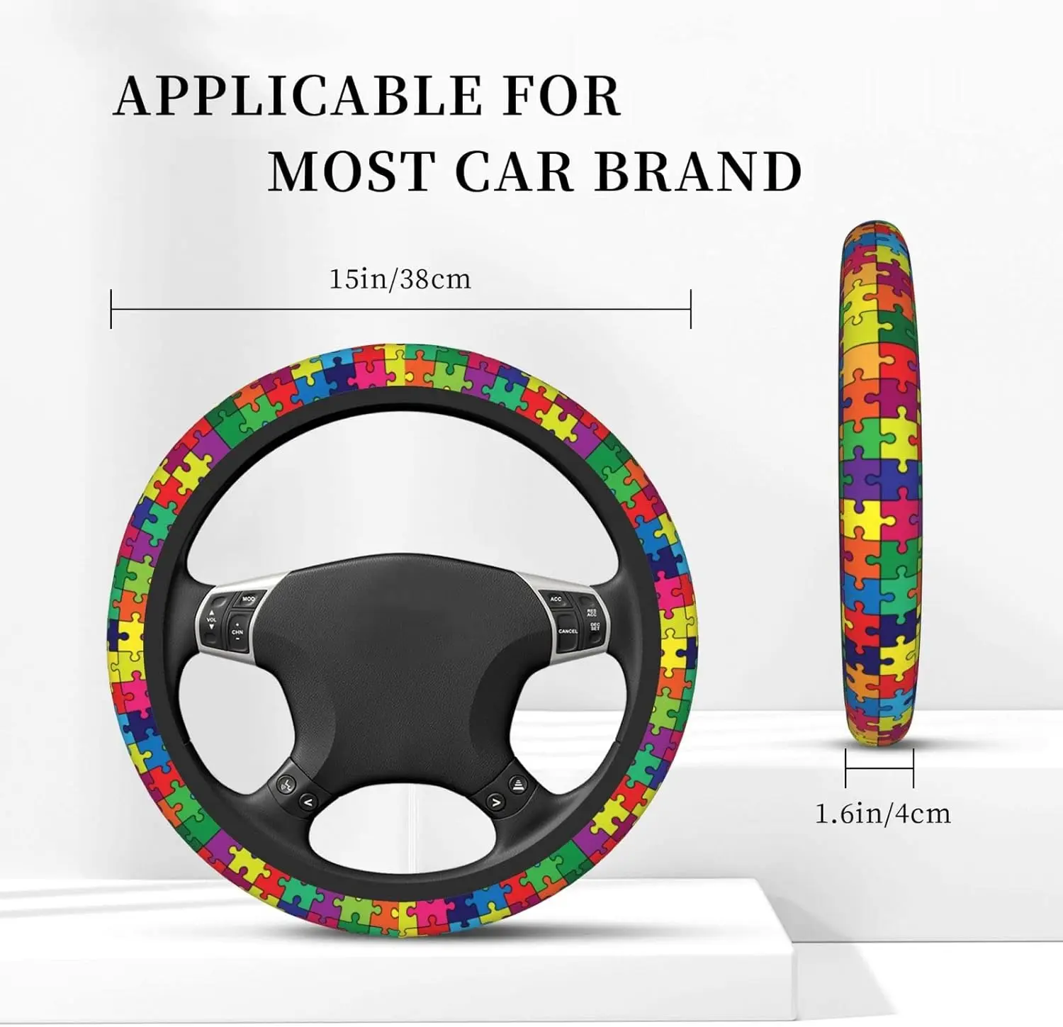 Autism Awareness Steering Wheel Cover Non-Slip Auto Steering Wheel Protector Car Accessories Universal Fit 15 Inches for Men Wom