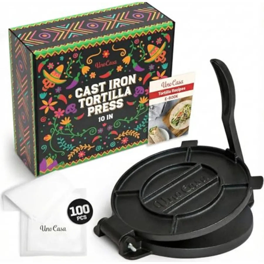 

Cast Iron Tortilla Press 10 Inch - Tortilla Maker Press Pre-Seasoned Roti Maker with 100 Pcs Parchment Paper - Heavy Duty Quesa