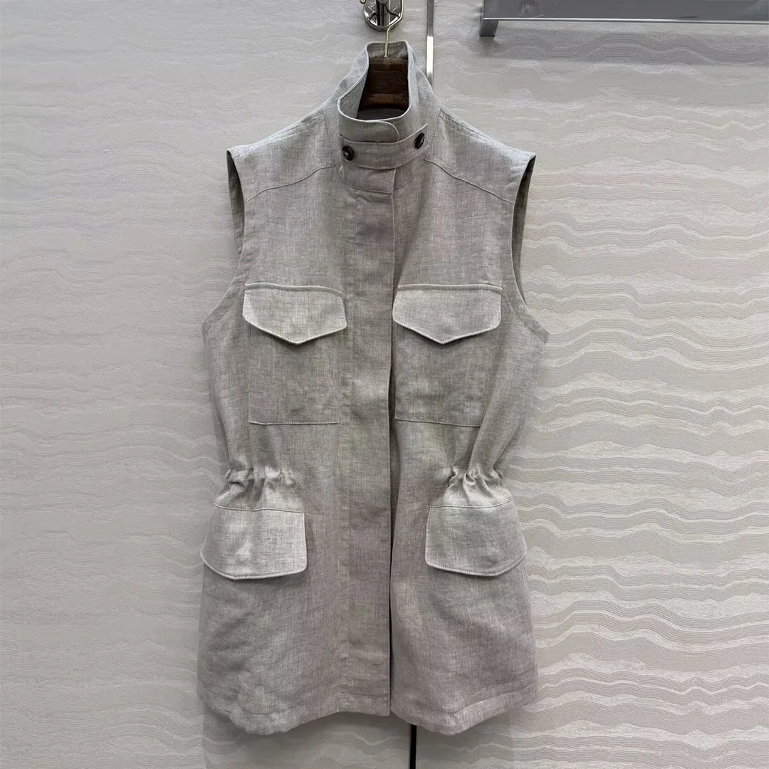 New Autumn Old Money Style Vintage 100% Linen Vest Coat Women Turtleneck Sleeveless Pockets Drawstring Waist Casual Tank Jacket
