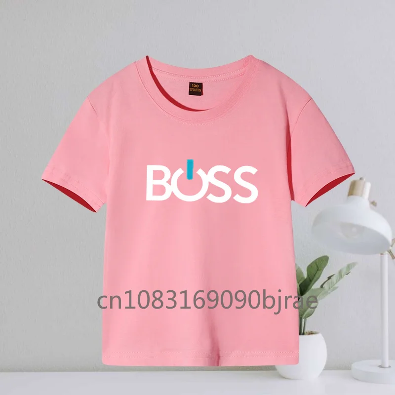 Summer Kids Concise Boss Letter Printing Boys Casual 100% Cotton Breathable T-shirt Round Neck Short Sleeve Comfy Girls Tee Tops