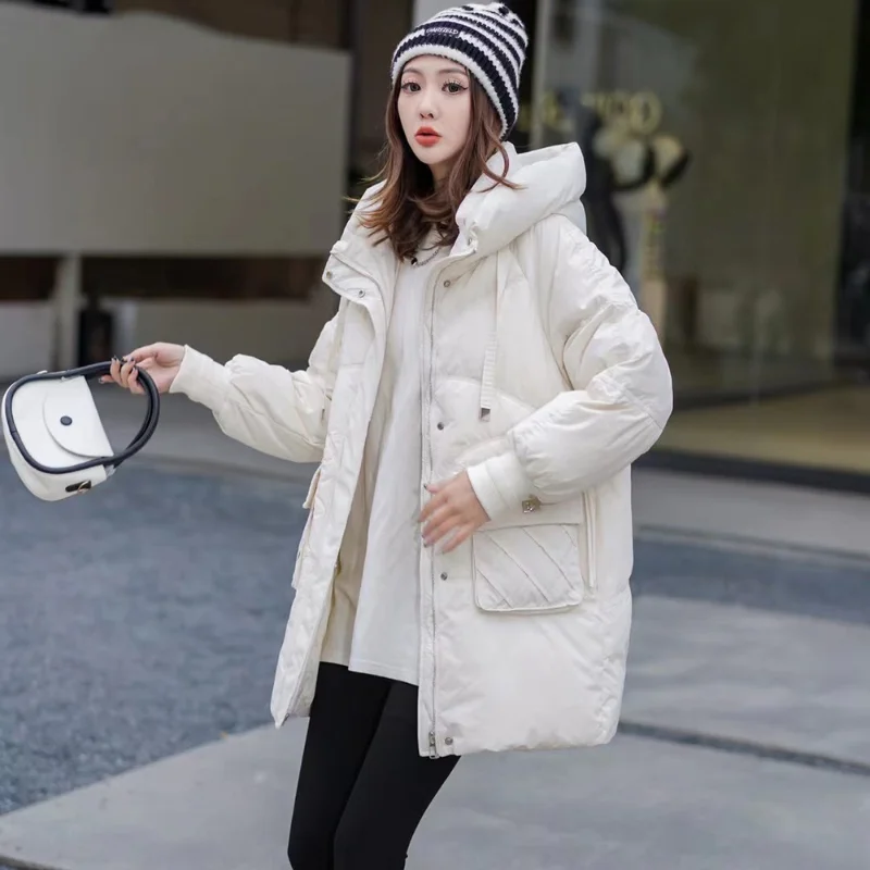 2023 New Women Down Cotton Coat Winter Jacket Female Mid Length Version Loose Parkas Thick Warm Outwear Fashion Hooded Outcoat