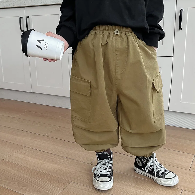 

Korean style spring boys solid color cargo pants children 3 color loose all-match casual trousers