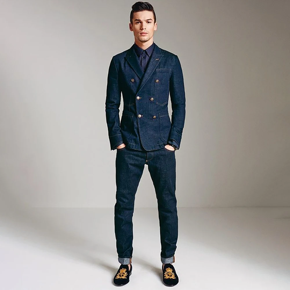 

Luxury Male Clothing Customzied Denim Men's Suits Double Breasted Peak Lapel Slim Fit 2 Piece Jacket Pants Outfits Costume