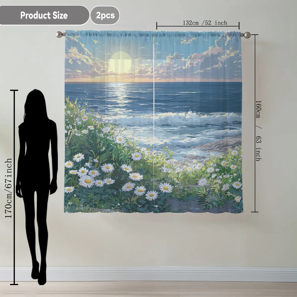 2Pcs Seaside Sunset Daisy Blossom Landscape Print Home Decoration Window Screens Suitable For Coffee Shop, Restaurant, Bedroom