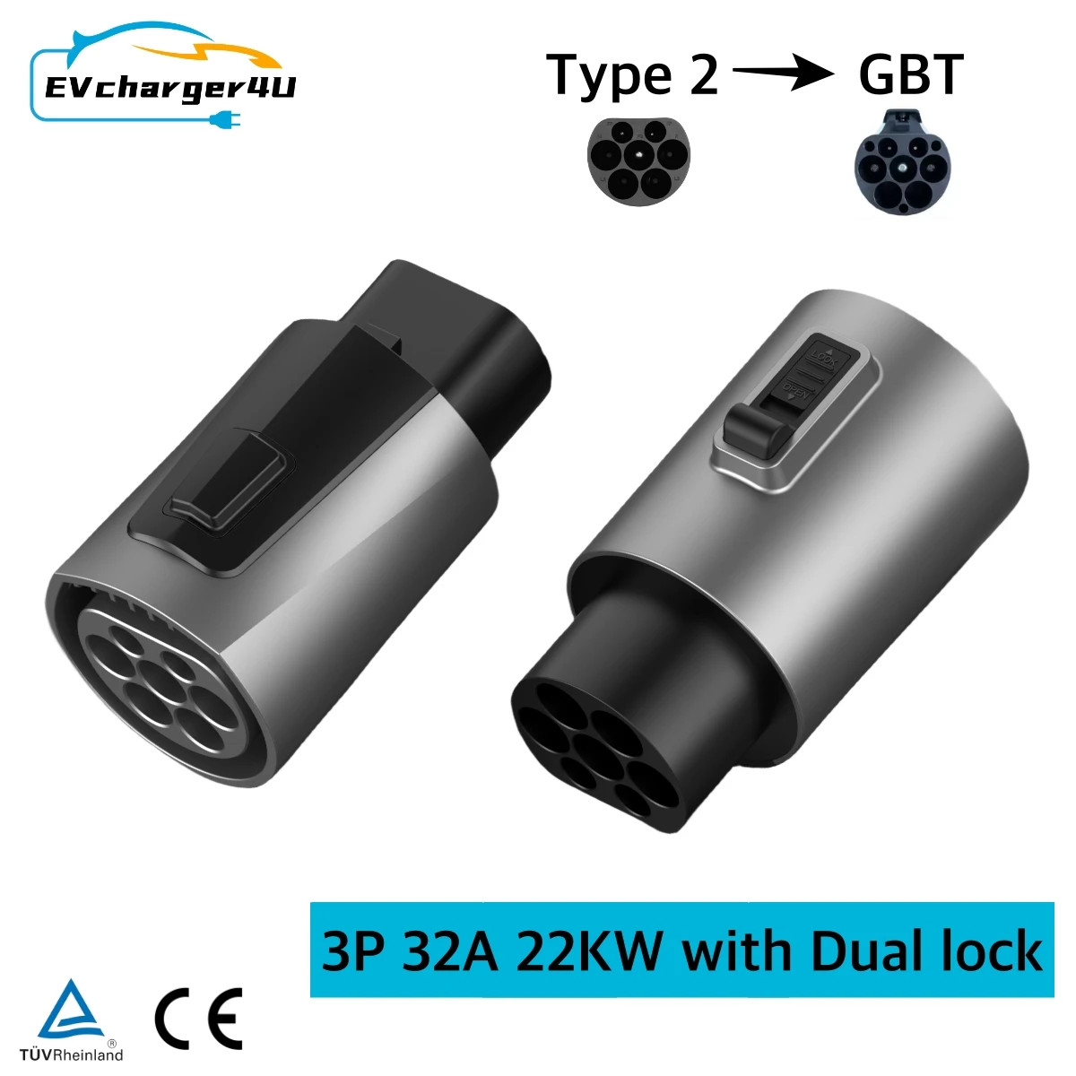 EVCharger4U IEC62196 ประเภท 2 ถึง GBT EV Adapter 3 เฟส 32A 22KW Dual Hock สําหรับแบรนด์จีน EV ชาร์จอะแดปเตอร์แปลง
