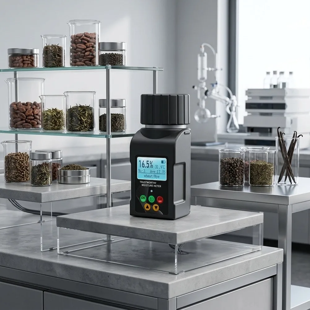 Moisture Meter for Commissariat Grains Including Coffee Beans Featuring Auto-Temp Compensation and Backlit Display