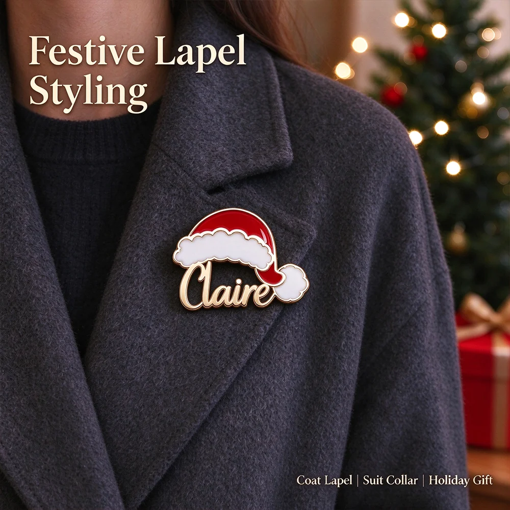 Customized Christmas Santa Hat Name Badge, Personalized Name Pin Badge, Can Customize Multiple Names, Custom Holiday Gifts for Christmas Parties