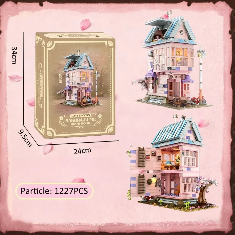 MOC Sakura-Juego de bloques de construcción de casa de Villa de dos pisos, escenarios de la vida diaria, cabaña rosa, juguetes para niños, regalos de cumpleaños