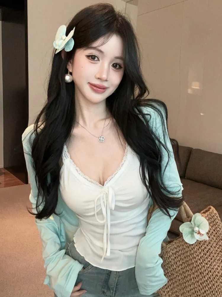 

Summer New Style Long Sleeve T-Shirt Slimming Versatile Top Set Vacation Style Spicy Girl Cover up Cardigan Strap Two Piece Set