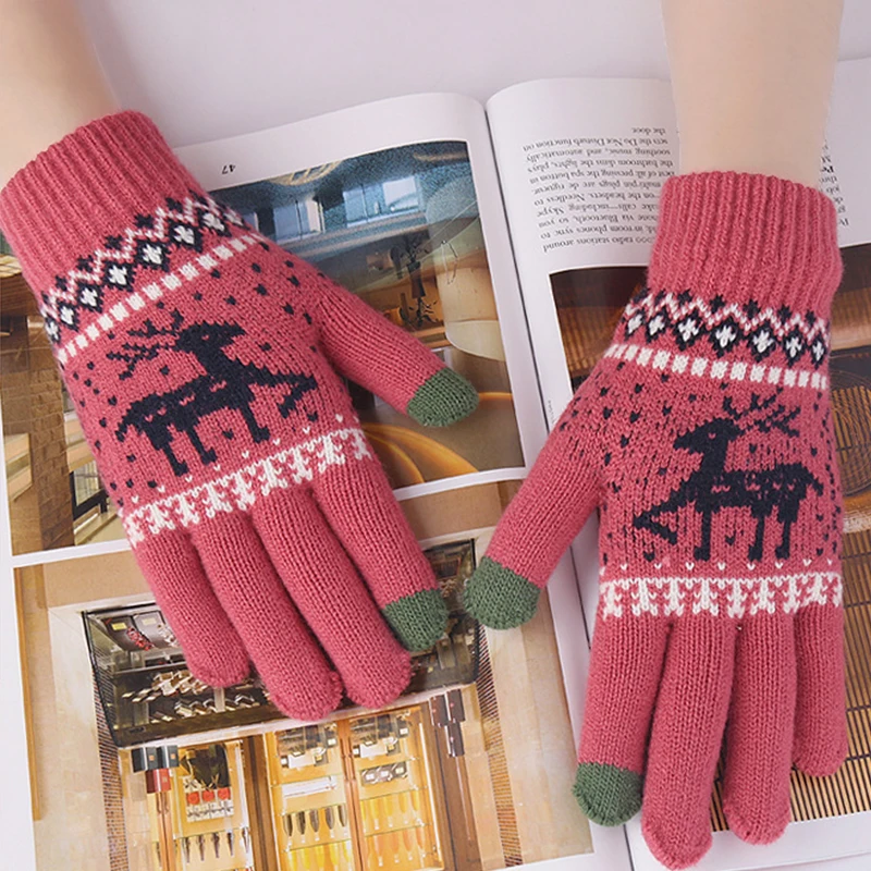 

Women Winter Thicken Warm Five Finger Gloves Xmas Elk Printed Knitted Touchscreen Full Finger Gloves Outdoor Windproof Mittens