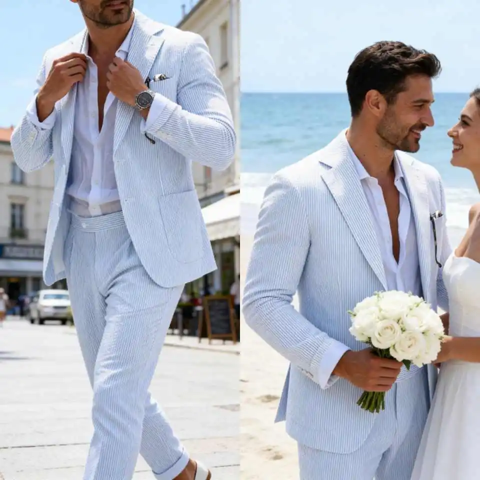 Customized Summer Linen Men Suits 2 Piece Single Breasted Notched Lapel Outfits Fashion Daily Casual Slim Groom Wedding Tuxedos