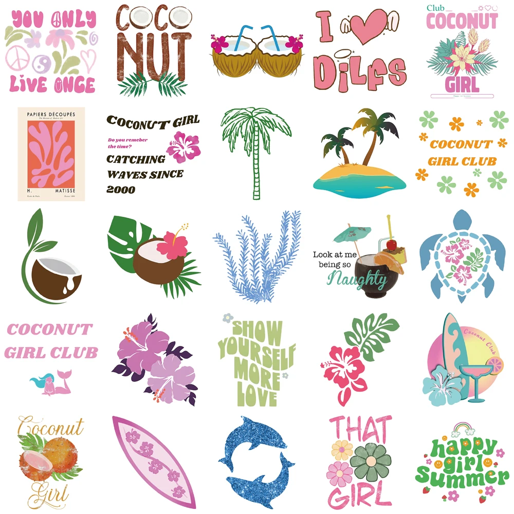 50pcs Summer Coconut Girl Stickers for Waterproof Decal Laptop Motorcycle Luggage Snowboard Fridge Phone Car Sticker Kids Toys