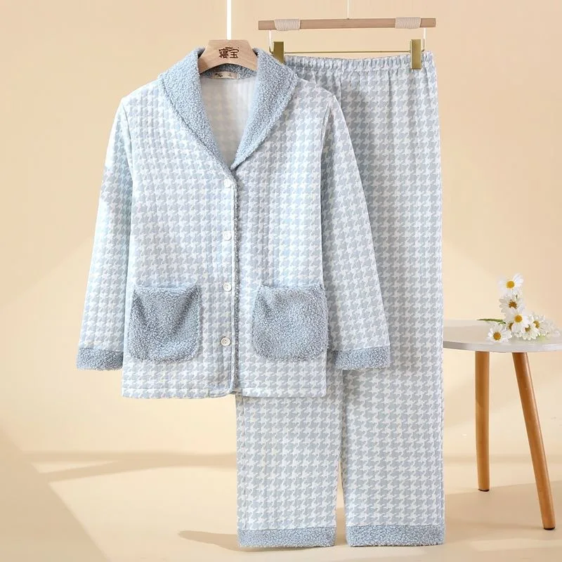 2024 New Houndstooth Air Cotton Pajamas Women Autumn Winter Pure Cotton Sleepwear Thickened Cardigan Warm V-neck Homewear Set