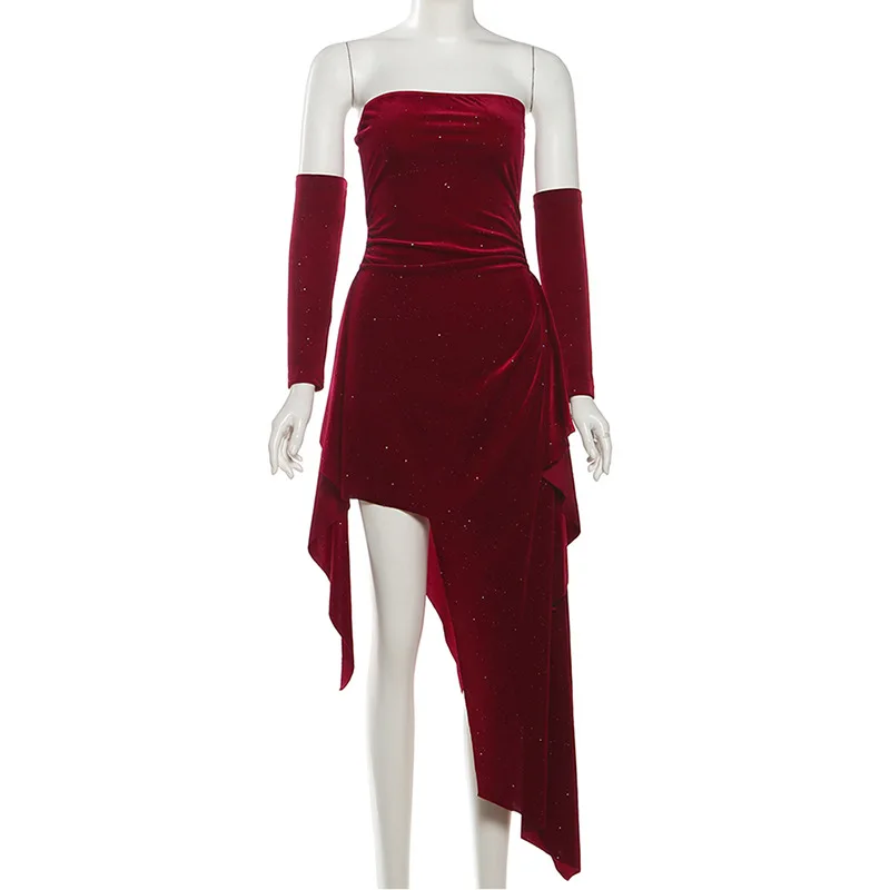 Sukienka SylCue Red Bright Silk Dress+Sleeve Cover Woman Chest Wrap Backless Shape Waist Irregular Hem Christmas Party Elegant Bodycon