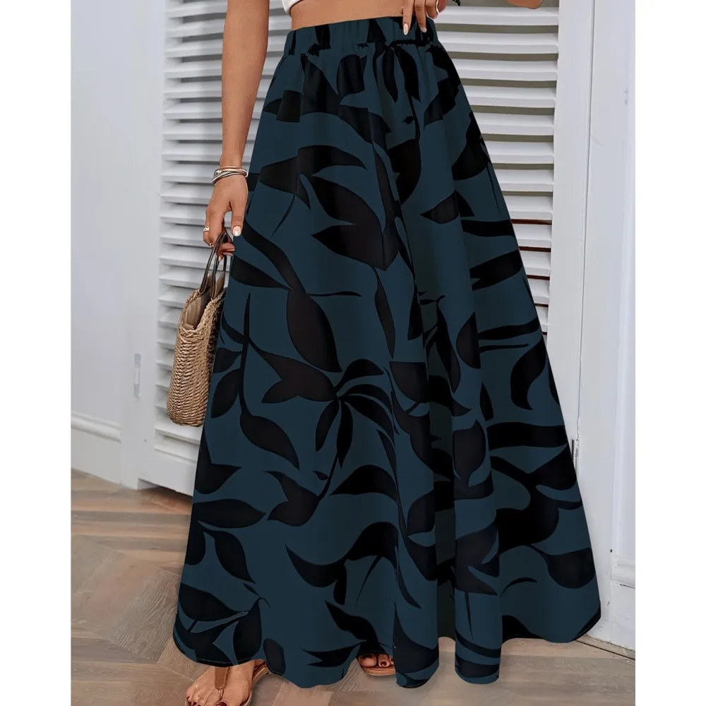 Fashionable Elastic Waisted Floral Print Long A-line Skirt For Women Loose High Waisted And Large Pleated Skirt Beachwear 2024