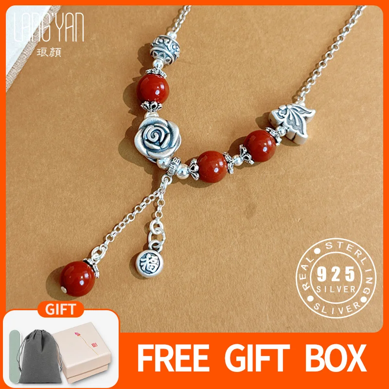 

Langyan 999/925 Silver Butterfly Rose Tassel Necklace with Adjustable Collarbone Chain Chinese Style Red Agate Jewelry Gift