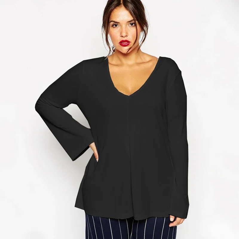 

Plus Size V-neck Summer Spring Elegant Blouse Long Flare Sleeve Work Office Tunic Tops Plus Size Clothing For Women 6XL 7XL 8XL