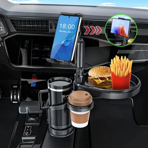차량용 컵 거치대 트레이 및 휴대폰 마운트 확장기, 4 in 1 듀얼 컵 거치대 트레이 테이블, 확장형 베이스 범용 