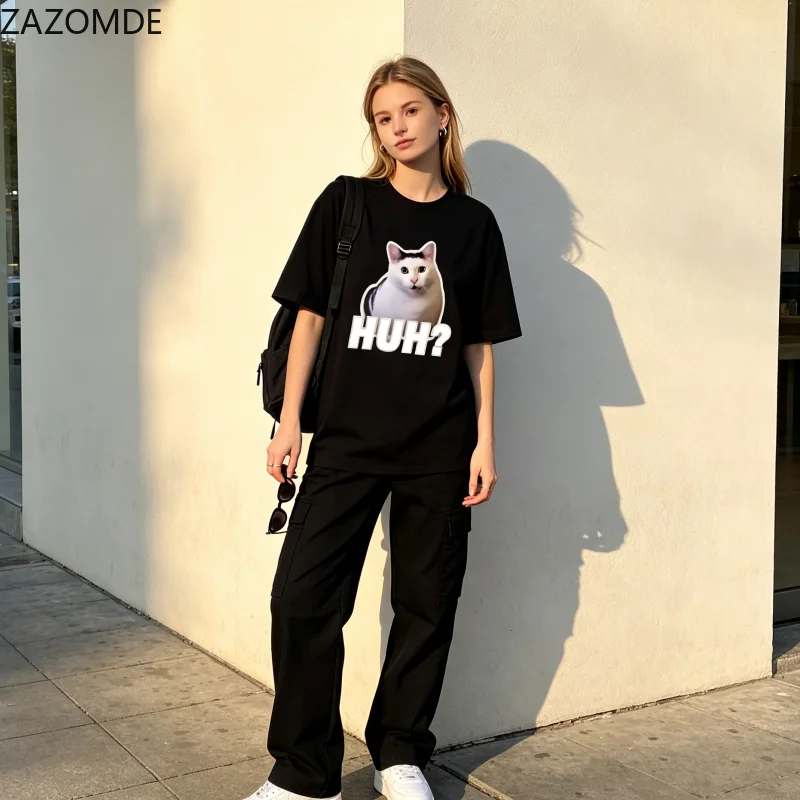 ZAZOMDE Trendy Humor Meme Tshirt HUH? Surprised Cat Picture Print Loose Fit Adult Fashion Daily Short Sleeve Tops 2026
