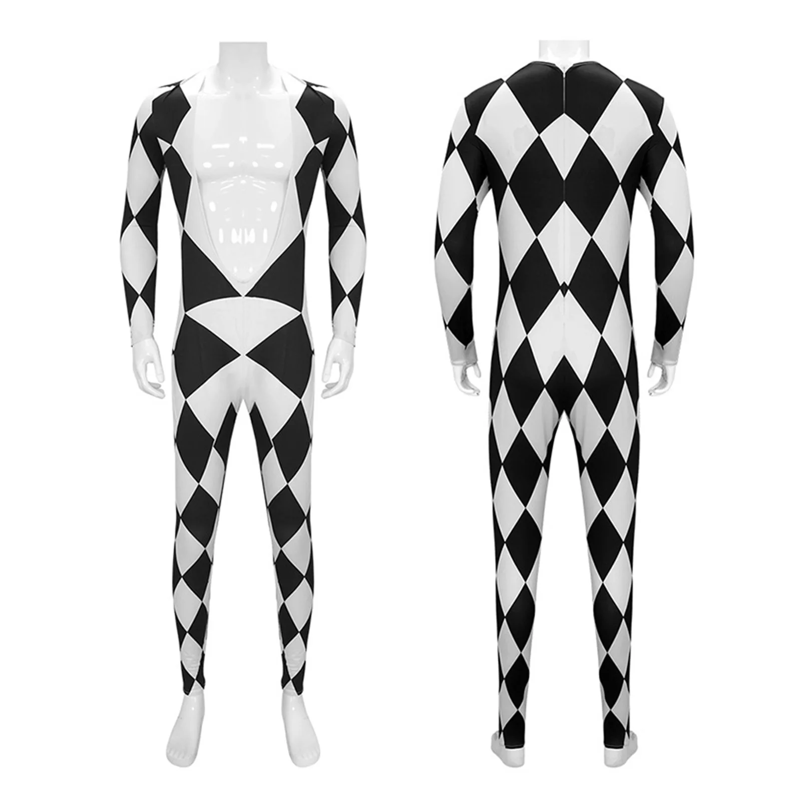 

Men Halloween Harlequin Singer Jumpsuit Black White Checked Pattern Deep V Neck Long Sleeve One-piece Rompers for Cosplay Party