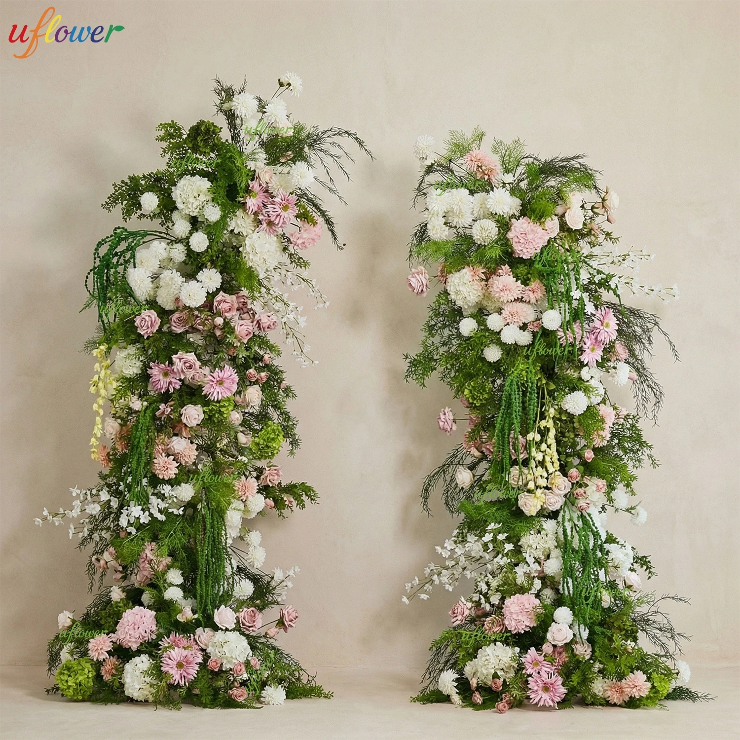 Uflower Greenery Pink White Rose Gydrangea Floral Row Arrangement Outdoor Wedding Backdrop Horn Arch Stand Party Event Prop