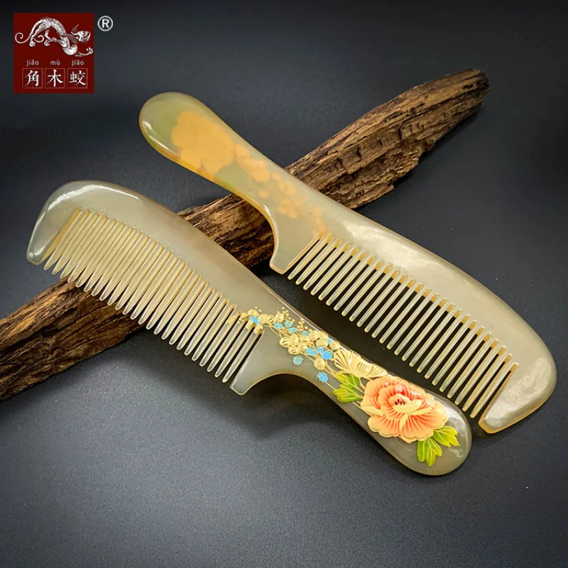 

Horned wood with peony flowers, hand-painted lacquer comb for massage, health , and hair care