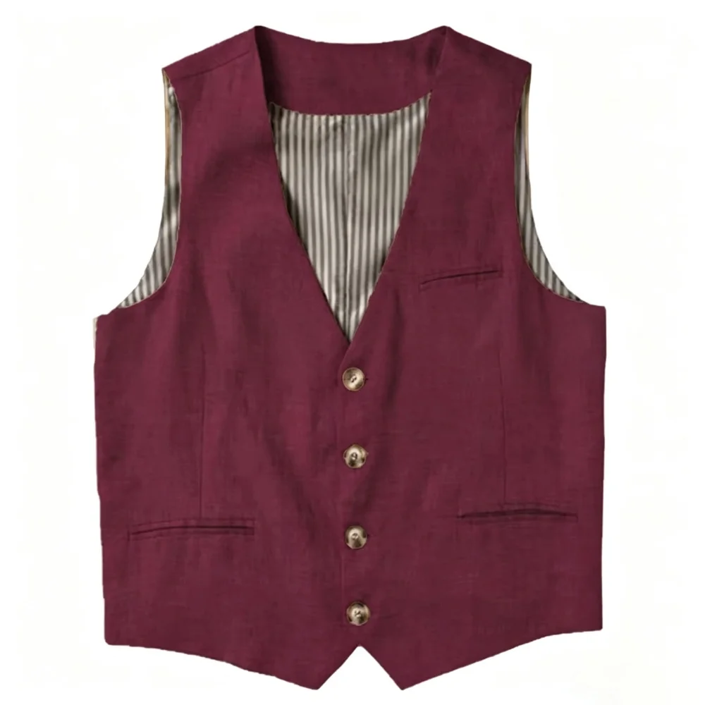 Chaleco de Lino Beige para Hombre, Cuello en V, Verano, Cierre de un Botón, Ligero, Chaleco de Traje para Hombre