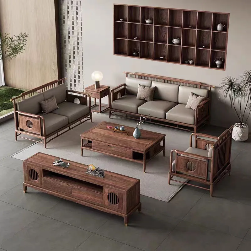

New Chinese Zen solid wood sofa, North American black walnut living room sofa