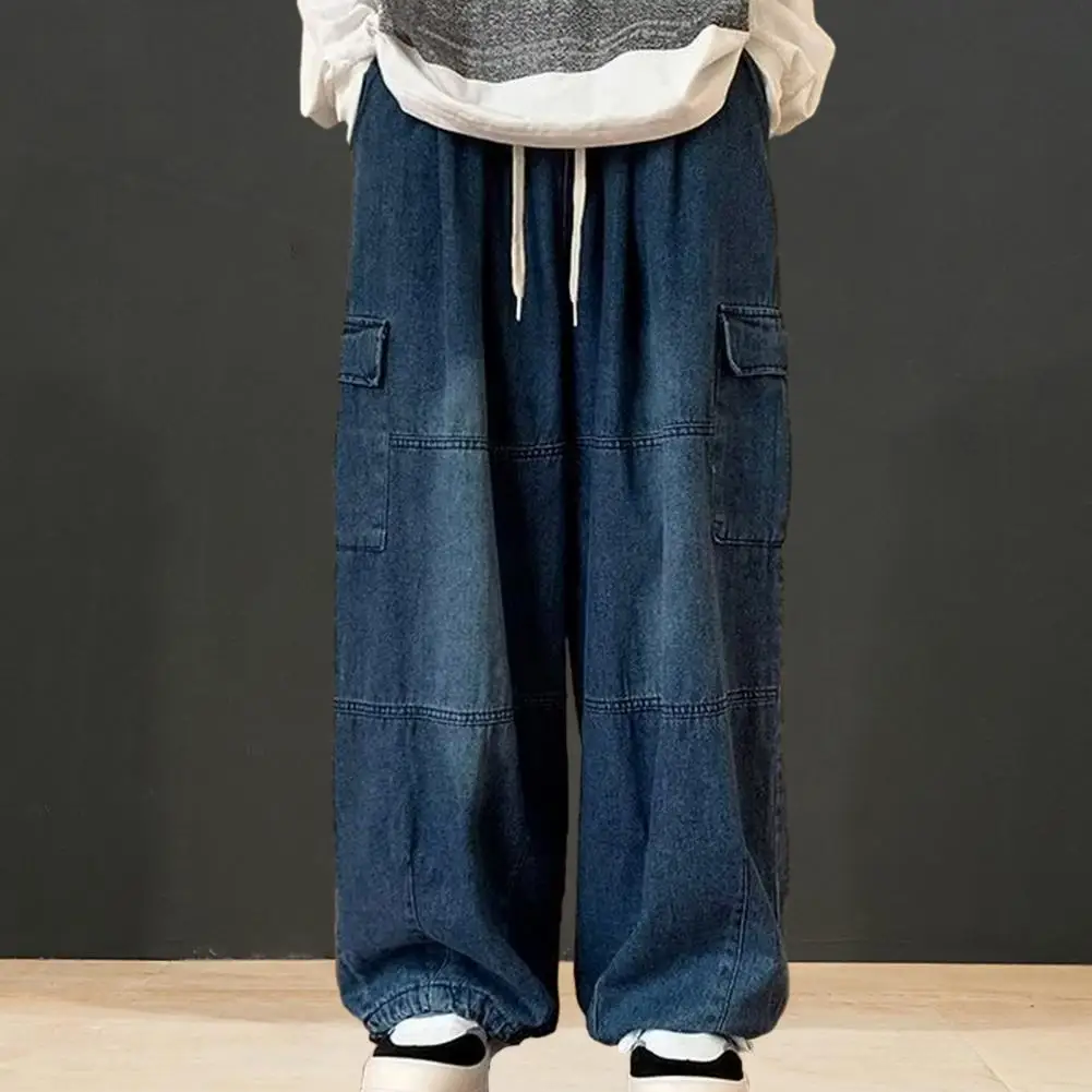 

Oversized Cargo Pants Men Multiple Pockets Elastic Waist Drawstring Solid Color Baggy Pants Wide Leg Trousers pantalones hombre