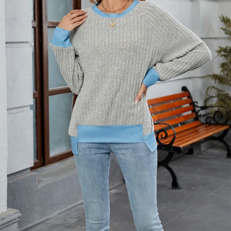 

New Autumn Women Round Neck Long Sleeved Pit Stripe Pullovers Solid Color Lightweight Ladies Sweaters Comfortable Woman Clothes