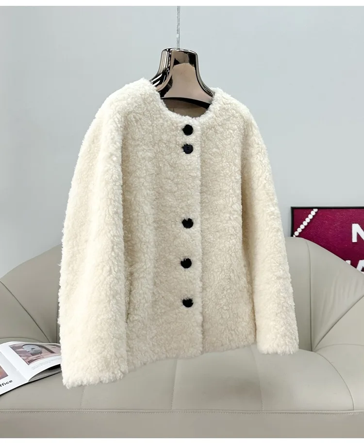 معطف فرو خروف قصير برقبة دائرية للنساء لخريف وشتاء 2025 جاكيت شيرلينغ دافئ جديد PT509