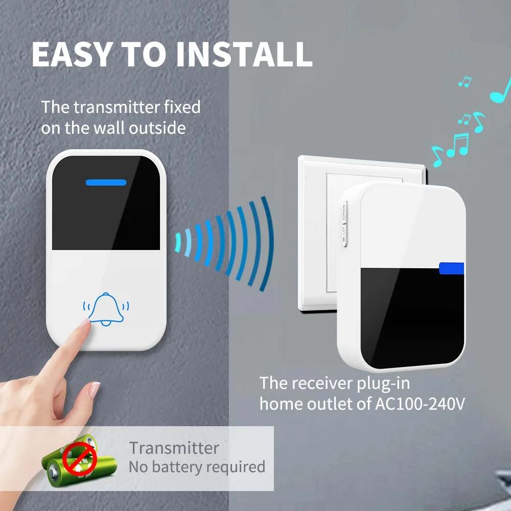 Newest Acrylic Self-powered Wireless Doorbell US Plug Battery Free 38 Songs Waterproof Kinetic Door Bell