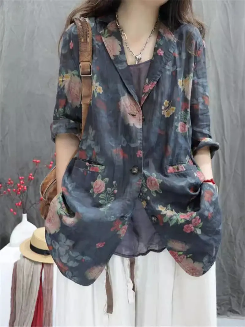 Women\'s Summer Loose Blazer, Printed Ramie Cotton Linen Blend 3/4 Sleeve Jacket, Ethnic Style Sun Protection Cover-Up K171