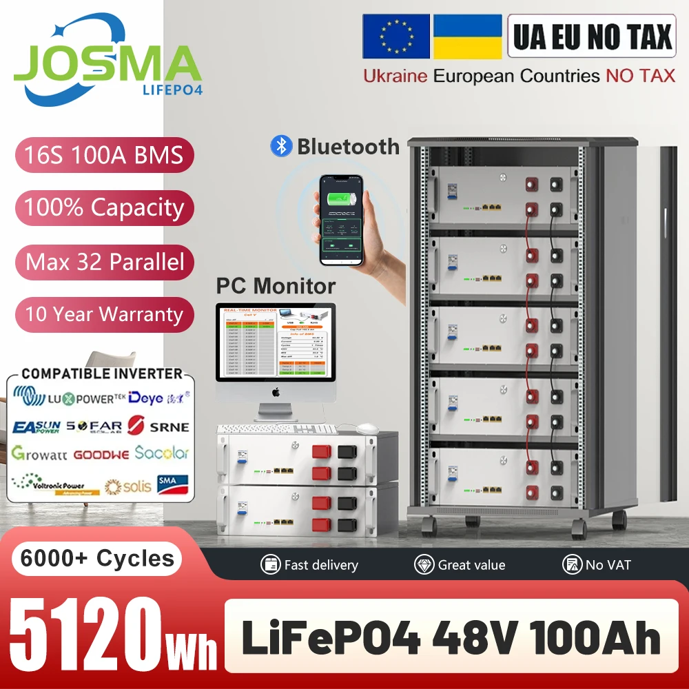 

LiFePO4 48V 100Ah 5120Wh Battery Pack 6000+ Cycles Bluetooth 16S RS485 CAN BMS 51.2V 120Ah 150Ah 200Ah Lithium Battery UA NO TAX