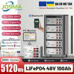 LiFePO4 48V 100Ah 5120Wh Battery Pack 6000+ Cycles Bluetooth 16S RS485 CAN BMS 51.2V 120Ah 150Ah 200Ah Lithium Battery UA NO TAX