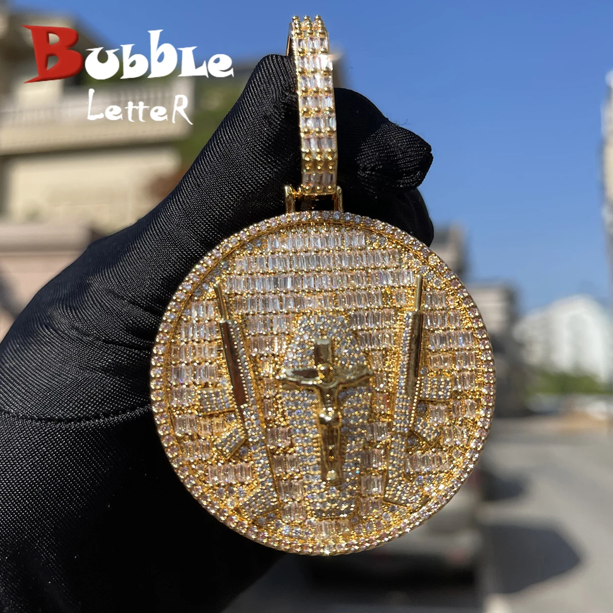 Bubble Letter Solid Back Necklace Iced Out Pendant Gun Jesus Big Circle Charms Real Gold Plated Hip Hop Jewelry 2022 Trend