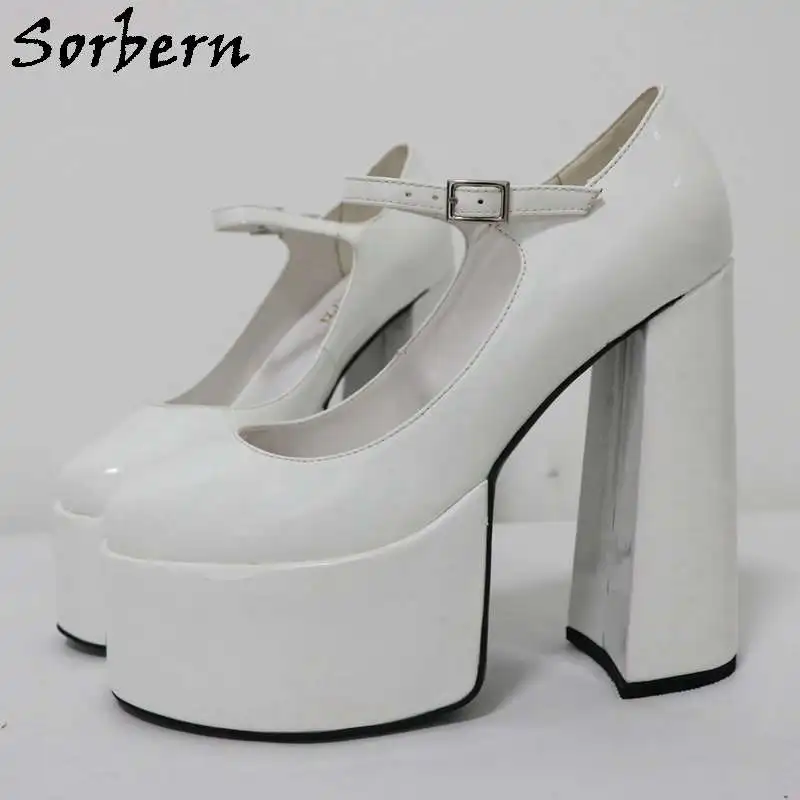 Sorbern White Shiny Mary Jane Women Pump Shoes Block High Heels Thick Platform Pump Shoes Buckles Custom Colors