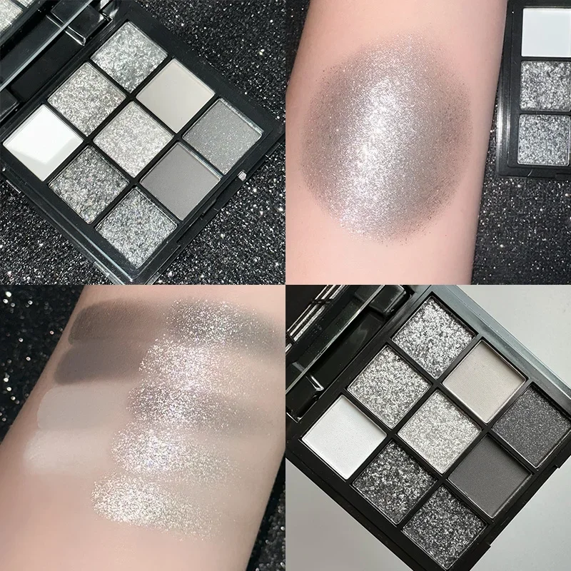 9 Colors Smokey Matte Glitter Eyeshadow Palette Punk Shimmer Shiny Eye Shadow Cosmetic Cool Toned Gray Black Eye Pigment Palett