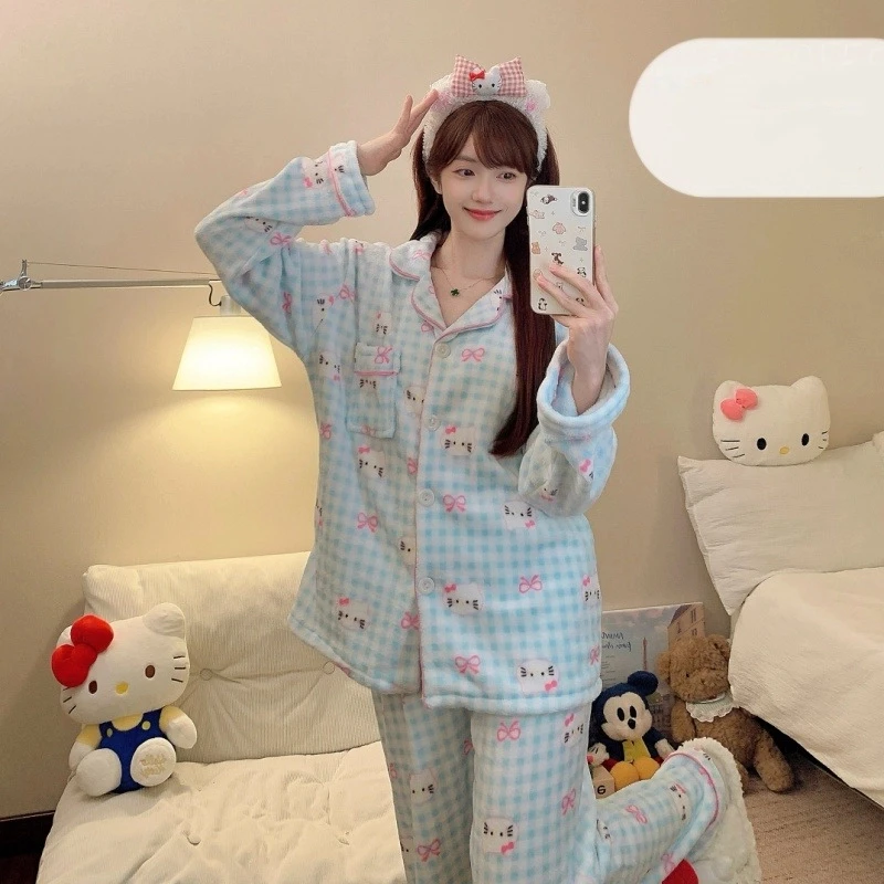 Print Bow HelloKitty Plaid Women's Pajamas Set Winter New Fleece Pajamas for Women Lapel Neck Long Sleeve Sleepwear Sets 2 Piece