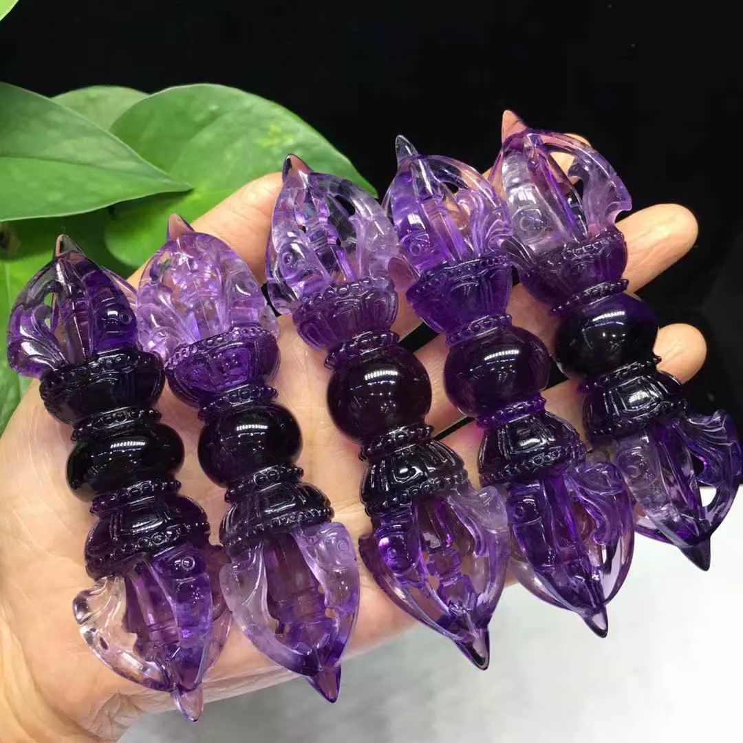 10-11cm Natural Amethyst Quartz Crystal Jewelry Carving Vajra Pestle Sculpture Stones Dorje Phurba Decor Wicca Folk Craft