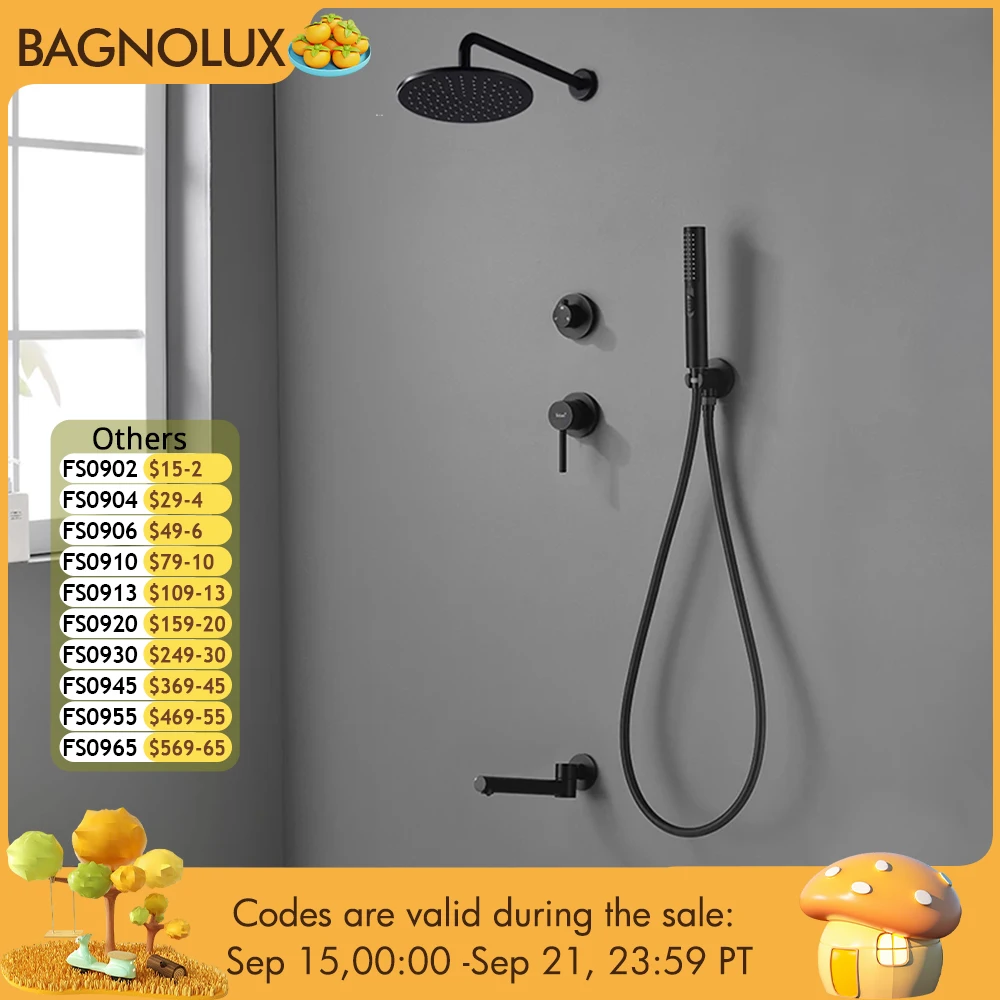 

Смеситель для душа Bagnolux, латунный, матовый, черный, настенный, 3-функциональный, скрытый, 10 дюймов